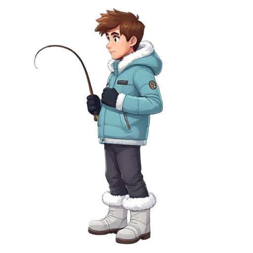 a stylized semi-realistic 2d game character of an ice fisherman,  standing in profile view, holding a fishing rod.  winter clothing: a light blue padded jacket with white fur trim,  dark gray pants, white winter boots with fur lining, black gloves. short 