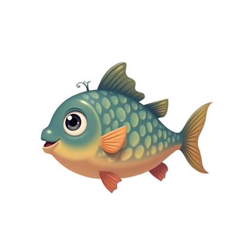 side view of a realistic stylized fish, facing right. smooth rounded body, slightly elongated oval shape. short head with large round eye, small mouth. distinct scales pattern on the body, subtle but visible. single dorsal fin on top, small pectoral fin n