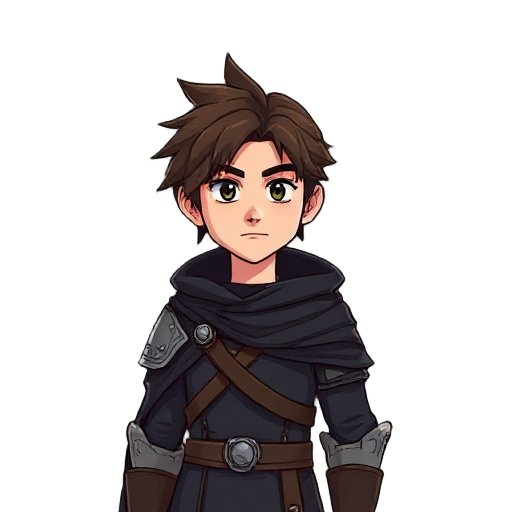 character portrait of man like final fantasy 6 style, dark clothing brown hair cloak, light armor