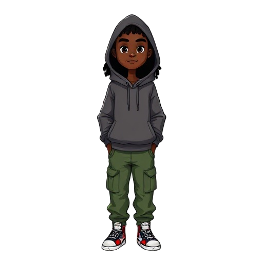 “character design sheet (front view, full body) of a 14-year-old african american boy with a slim athletic build. dark brown skin, deep brown eyes. neck-length locs. clothing: high-top sport sneakers, baggy green cargo pants, fitted hoodie with a large ba