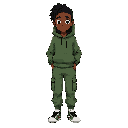 “a full-body character portrait of a 14-year-old african american boy with a slim, athletic build. he has deep brown eyes and dark brown skin. his hair is medium locs that reach the neck. outfit: high-top athletic sneakers, baggy green cargo pants, and a 