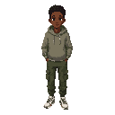 “a full-body character portrait of a 14-year-old african american boy with a slim, athletic build. he has deep brown eyes and dark brown skin. his hair is medium locs that reach the neck. outfit: high-top athletic sneakers, baggy green cargo pants, and a 
