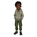 “a full-body character portrait of a 14-year-old african american boy with a slim, athletic build. he has deep brown eyes and dark brown skin. his hair is medium locs that reach the neck. outfit: high-top athletic sneakers, baggy green cargo pants, and a 