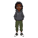 “character design sheet (front view, full body) of a 14-year-old african american boy with a slim athletic build. dark brown skin, deep brown eyes. neck-length locs. clothing: high-top sport sneakers, baggy green cargo pants, fitted hoodie with a large ba