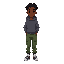 “character design sheet (front view, full body) of a 14-year-old african american boy with a slim athletic build. dark brown skin, deep brown eyes. neck-length locs. clothing: high-top sport sneakers, baggy green cargo pants, fitted hoodie with a large ba