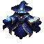 a wizard in blue robes with a large hat that covers the face. the wizard floats and no feet can be seen under the robe. dark shading with bright highlights. high details
