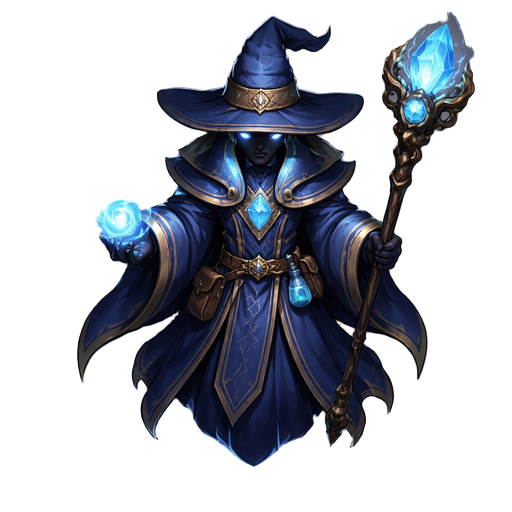 a wizard in blue robes with a large hat that covers the face. the wizard floats and no feet can be seen under the robe. dark shading with bright highlights. high details