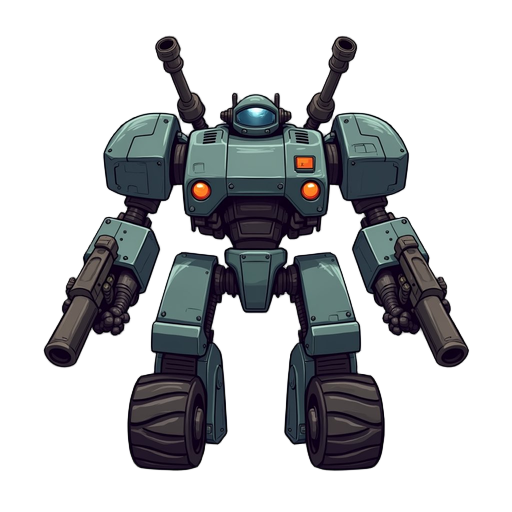 combat robot on wheels. 2 guns. metallic with dark shading