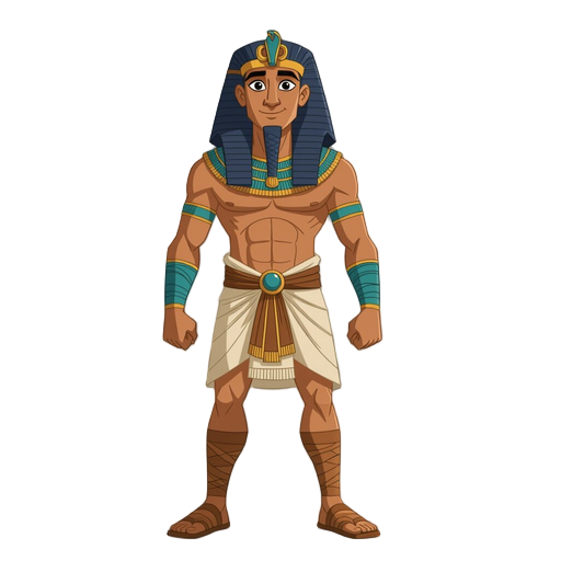 homem do egito antigo, com o peito exposto, sandalhas de couro, shendyt de linho curto, cinto de couro, high polly para jogos, fundo branco, posicionado em visão de frente, imagem de corpo completo