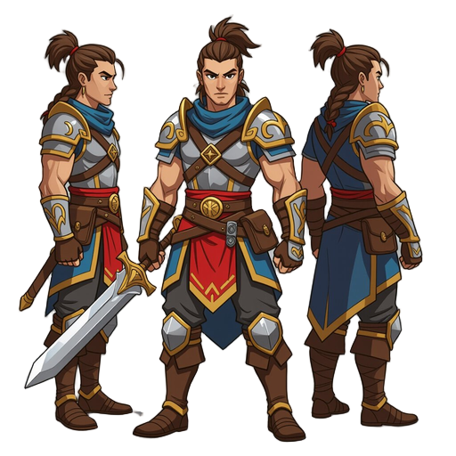game character design, front view, full body, fantasy warrior, concept art, cel shading, strong outlines, vibrant colors