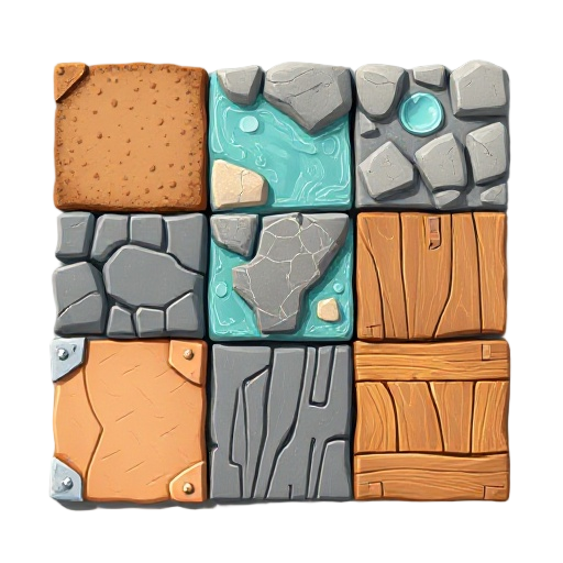 a pack of cartoon floor tiles ( dirt , rock , water , metal , wood .. ) in topdown view 3d