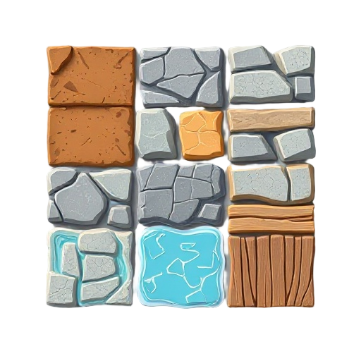 a pack of cartoon floor tiles ( dirt , rock , water , metal , wood .. ) in topdown view 3d