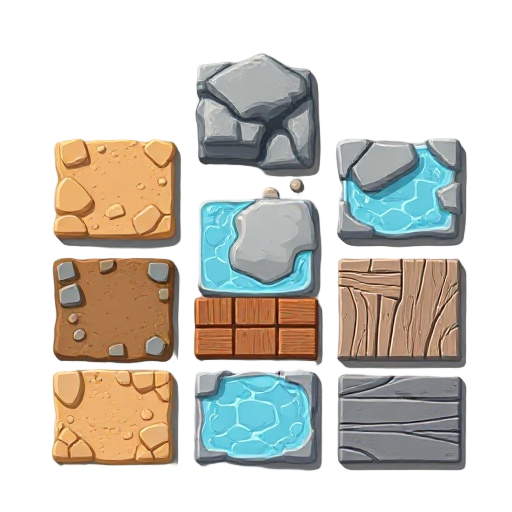 a pack of cartoon floor tiles ( dirt , rock , water , metal , wood .. ) in topdown view 45 degres