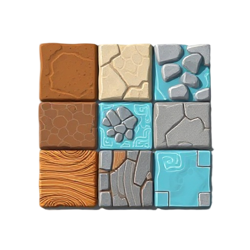 a pack of floor tiles ( dirt , rock , water , metal , wood .. ) in topdown view 3d
