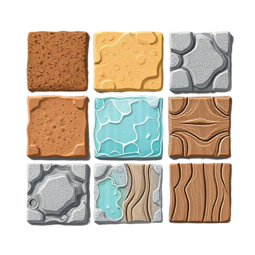 a pack of smooth cartoon floor tiles ( dirt , rock , water , metal , wood .. ) in topdown view 45 degres