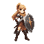 a 2d illustration of a female warrior in a dynamic pose, holding shield and sword in a fantasy setting.