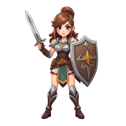 a 2d illustration of a female warrior in a dynamic pose, holding shield and sword in a fantasy setting.