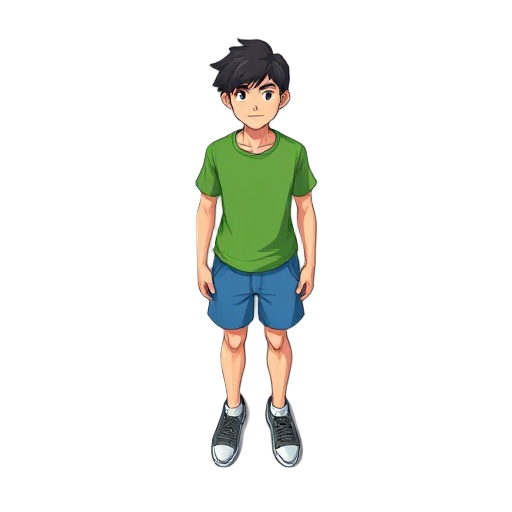 young man with green t-shirt and blue shorts. black semi-long hair