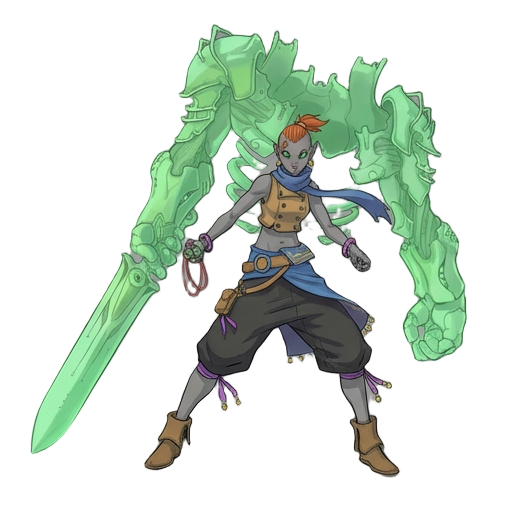 ilustração digital 2d (concept art), estilo semi-cartoon/anime, linhas limpas, cel shading leve, sombras suaves, alta definição. fundo branco, sombra discreta no chão. jovem ladina guerreira em pose de combate; atrás, golem espectral verde translúcido com