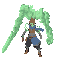 ilustração digital 2d (concept art), estilo semi-cartoon/anime, linhas limpas, cel shading leve, sombras suaves, alta definição. fundo branco, sombra discreta no chão. jovem ladina guerreira em pose de combate; atrás, golem espectral verde translúcido com