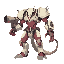 concept art: towering biomechanical guardian with pale armor over sinewy mauve flesh, spines and cables. a small girl is integrated in its chest cavity. one arm is a huge cannon, the other a clawed hand; long segmented tail