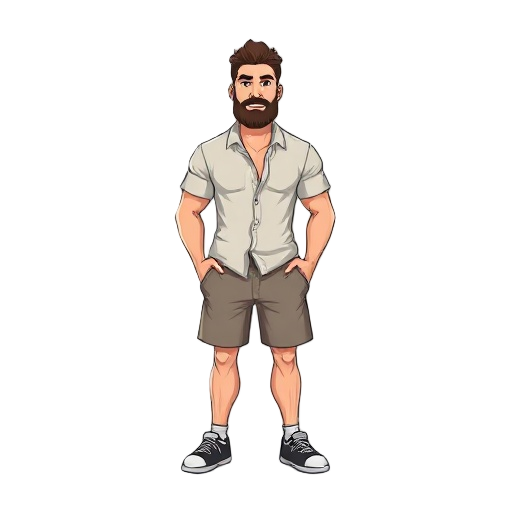 um homem sem camisa e bermuda rasgada sem calçados sem barba 