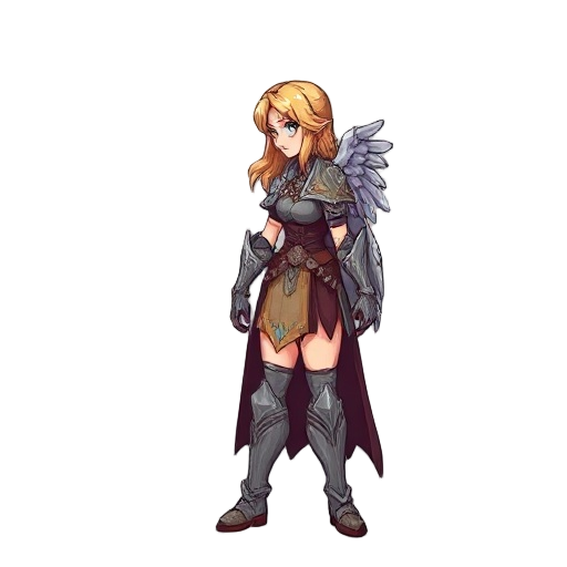 valkyrie profile style 2d jrpg character, side view, muted colors, fantasy armor, ps1-era sprite reference