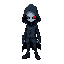 faça um personagem melancolico, misterioso e com o aspecto palido, cabelos pretos, jaqueta e calça preta com sapato azul escuro e uma luva em uma das mãos vermelho vibrante.