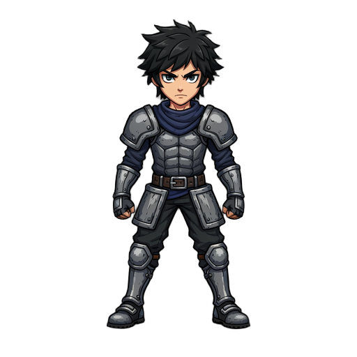 full body sprite of a teenage male warrior, black messy hair, determined expression, octopath traveler hd-2d style