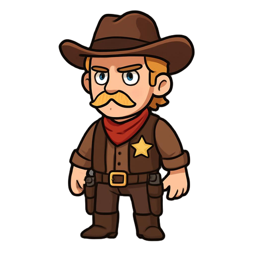 create an image of an old west sheriff; he has golden hair and blue eyes with two pistols on his hip.