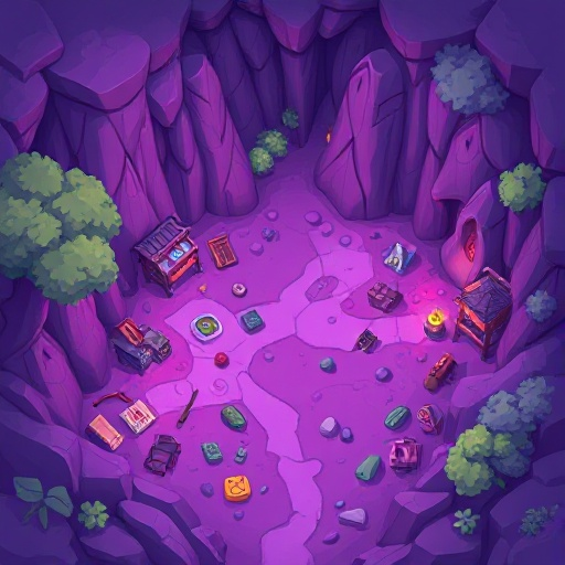 i want you to create a map focusing on the color purple, because my character will be born in a darker environment and i want this map to be full of things.