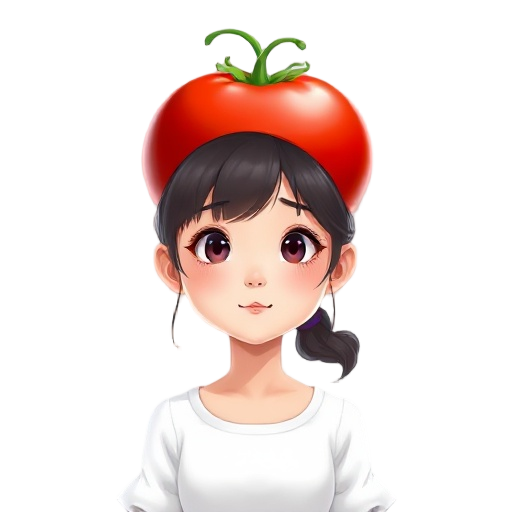 create a girl with cute tomato cartoon in her head top, korean girl, white clothes, painting should begin at the chest