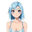 make an adult woman with light blue hair and blue eyes, fair white skin, wearing beach clothes. the composition is a half-body portrait, framed from the chest up. soft natural lighting, clear details, high quality, realistic/anime-style illustration, smal