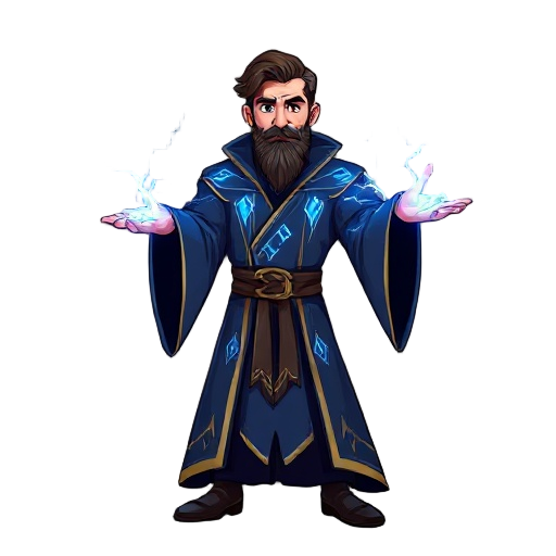 character design: a male lightning wizard, adult, dark brown hair, short neat beard. outfit: deep navy blue magical robes with long wide sleeves, decorated with glowing electric-blue lightning patterns and trim. magic effects: crackling bright blue and wh