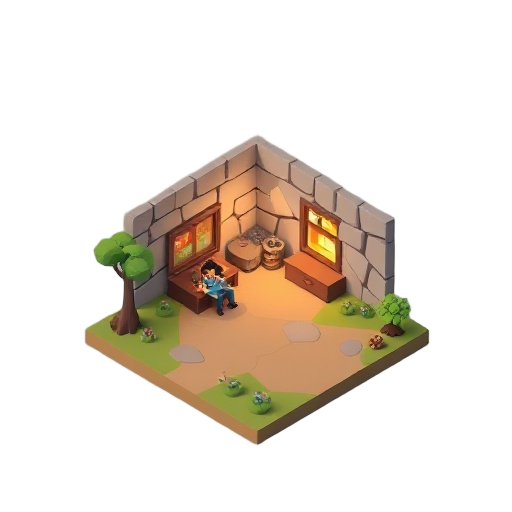 crie artes para um jogo de sobrevivência em 2.5d isométrico para pc, com estilo visual low-poly relaxante, cores suaves e atmosfera calma.  estilo geral: - 2.5d isométrico - personagens 3d simples - cenário estilizado - low-poly - iluminação suave - clima
