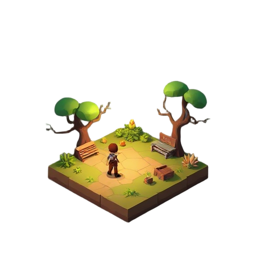 crie artes para um jogo de sobrevivência em 2.5d isométrico para pc, com estilo visual low-poly relaxante, cores suaves e atmosfera calma.  estilo geral: - 2.5d isométrico - personagens 3d simples - cenário estilizado - low-poly - iluminação suave - clima
