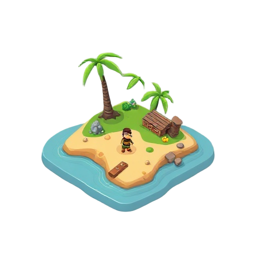 atue como um desenvolvedor de jogos indie experiente.  crie um jogo para pc em 2.5d (estilo isométrico simples), com câmera fixa inclinada, personagens 3d básicos e cenário estilizado.  objetivo do jogo: um personagem está preso em uma pequena ilha e prec
