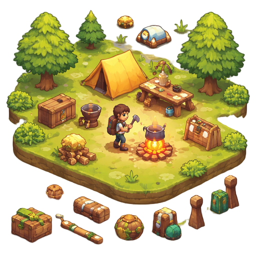crie artes para um jogo de sobrevivência em 2.5d isométrico para pc, com estilo visual low-poly relaxante, cores suaves e atmosfera calma.  estilo geral: - 2.5d isométrico - personagens 3d simples - cenário estilizado - low-poly - iluminação suave - clima