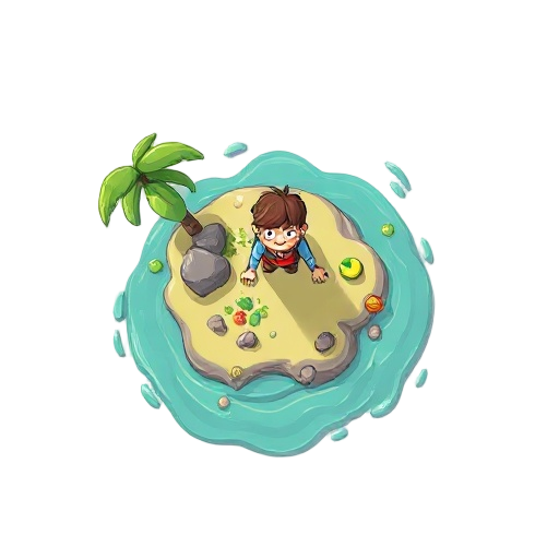 um personagem está preso em uma pequena ilha e precisa sobreviver pescando e coletando caixas de