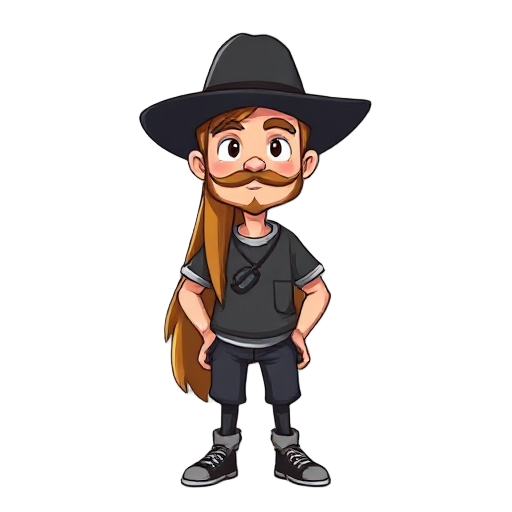 make a man with a long hair with a black hat and a social shirt 