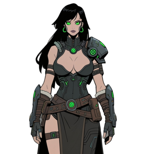 a tech priestess in 40k like universe black hair green eyes big clevage in a barbarian techno sci fi outfit make it in a frank franzetta style not anime and with dark theme