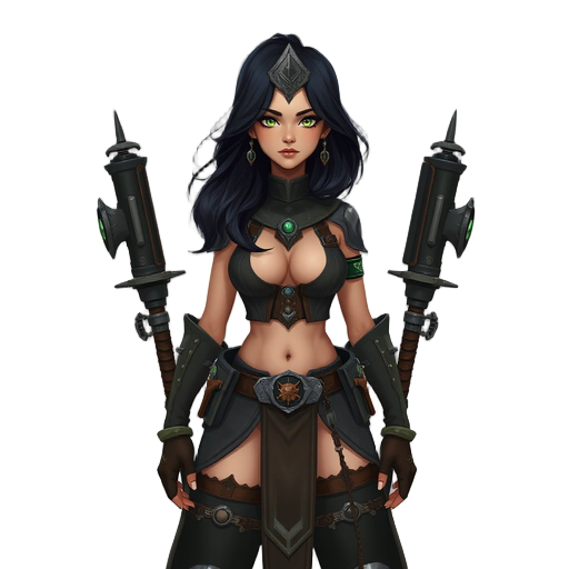 a tech priestess in 40k like universe black hair green eyes big clevage in a barbarian techno sci fi outfit make it in a frank franzetta style