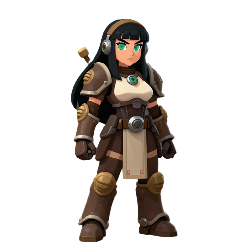 a tech priestess in 40k like universe black hair green eyes big clevage in a barbarian techno sci fi outfit make it in a frank franzetta style not anime and with dark theme