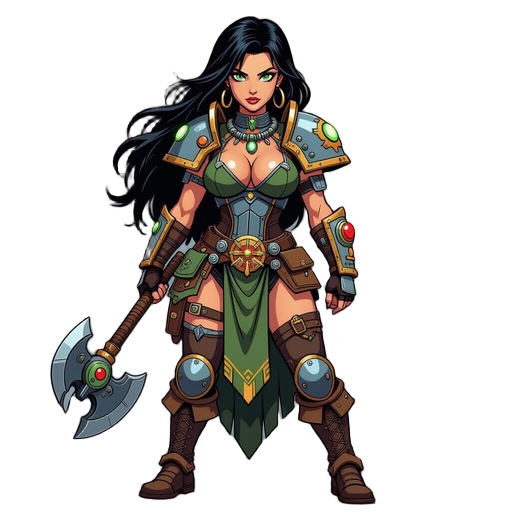 a tech priestess in 40k like universe black hair green eyes big clevage in a barbarian techno sci fi outfit make it in a frank franzetta style