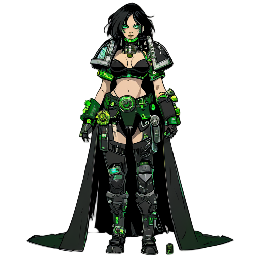a tech priestess in 40k like universe black hair green eyes big clevage in a barbarian techno sci fi outfit make it in a frank franzetta style not anime and with dark theme