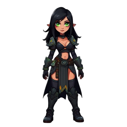 a tech priestess in 40k like universe black hair green eyes big clevage in a barbarian techno sci fi outfit