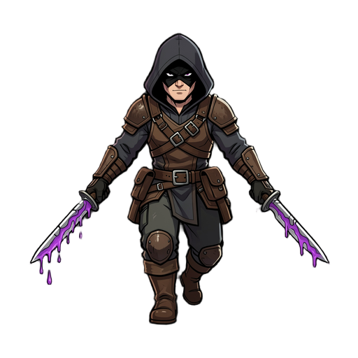a stealthy 2d fantasy human rogue, action pose, dynamic composition. wearing a dark hooded cowl and leather armor with practical gear and pouches. holding two daggers dripping with purple venom. face partially obscured, sharp eyes looking forward. steppin