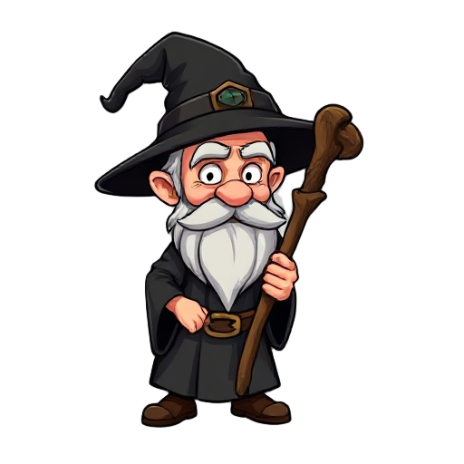old manga wizard with black hat and wooden staff