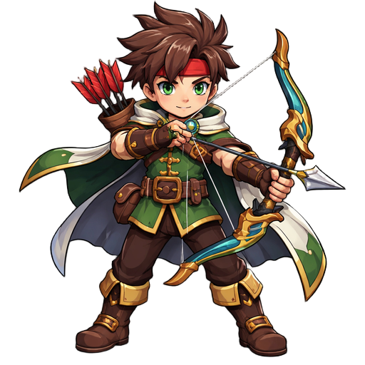 create a brightly colored 2d archer character with a mix of manga and cartoon styles. position him facing forward.