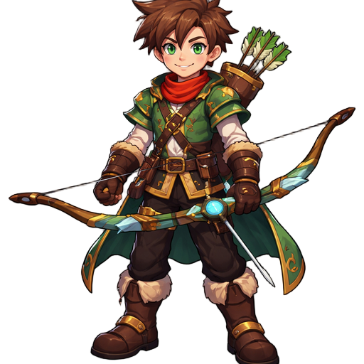 create a brightly colored 2d archer character with a mix of manga and cartoon styles. position him facing forward.